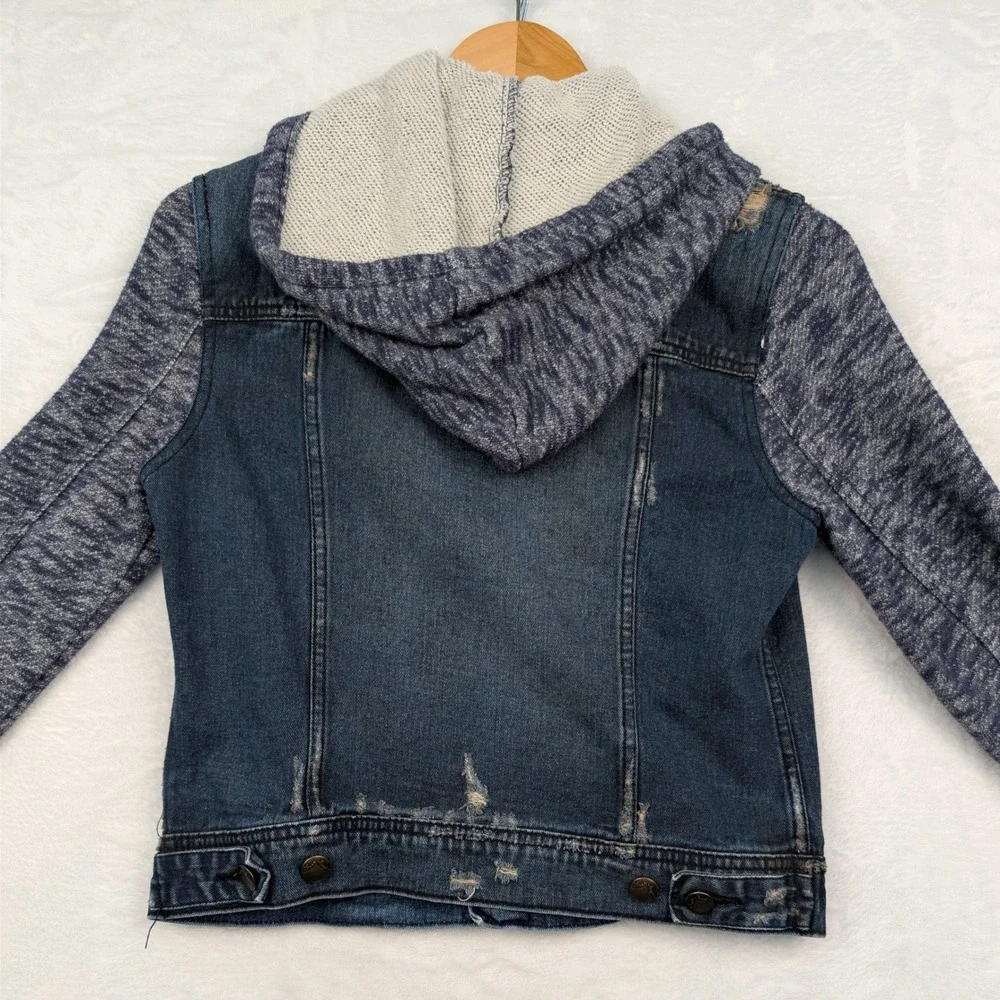 Free People Jacket Women's S Blue Distressed Mixed Media Jean Hoodie Boho Y2K - Picture 2 of 6